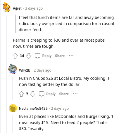 Reddit comments discussing the inflation at pubs, local bistros and fast food places