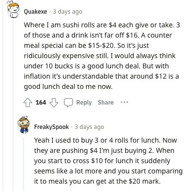 Reddit comment describing the increasing price of sushi