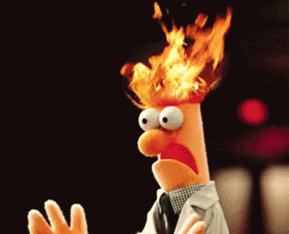 Beaker from &quot;The Muppets&quot; with his hair on fire