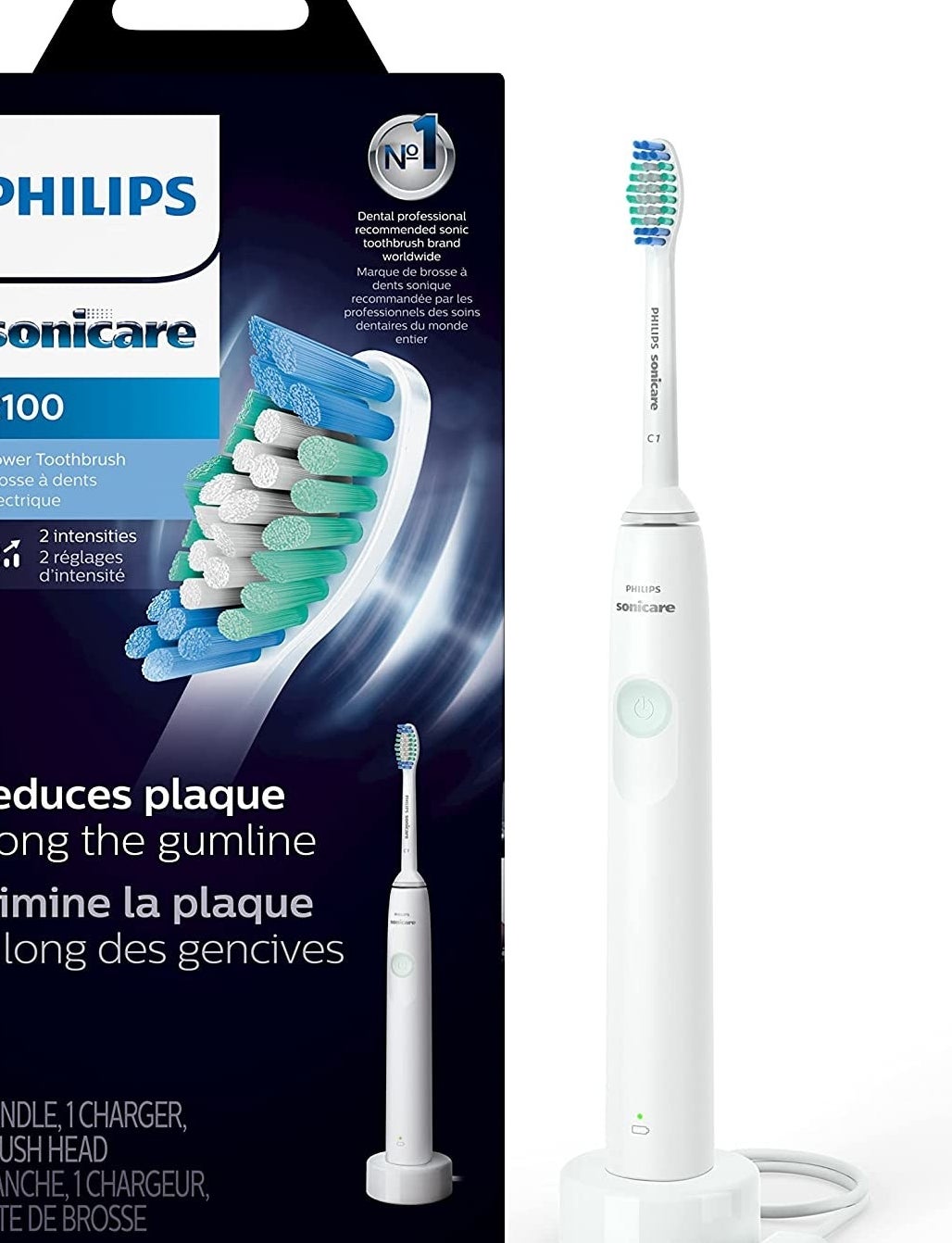an electric toothbrush sitting in its charger and packaging
