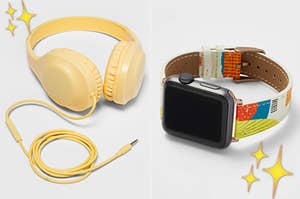 On the left is a pair of over-ear headphones and on the right is an Apple Watch strap with a colorful geometric pattern