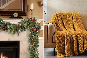 On the left is a garland on a mantle and on the right is a knit blanket on a couch
