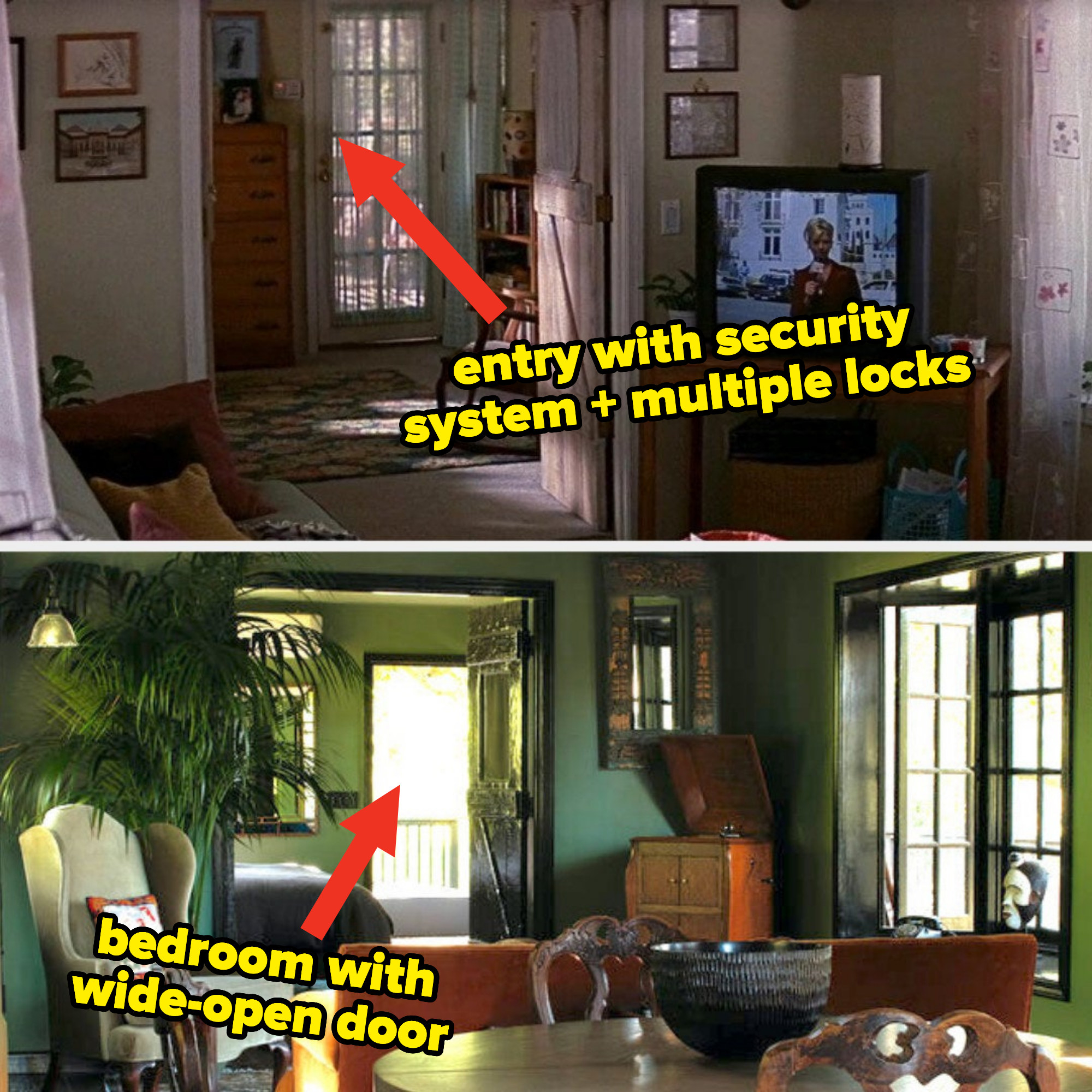 arrow pointing to the door in scream 3 closed with locks and the door being wide open in the newly-renovated version, with a bed in that room