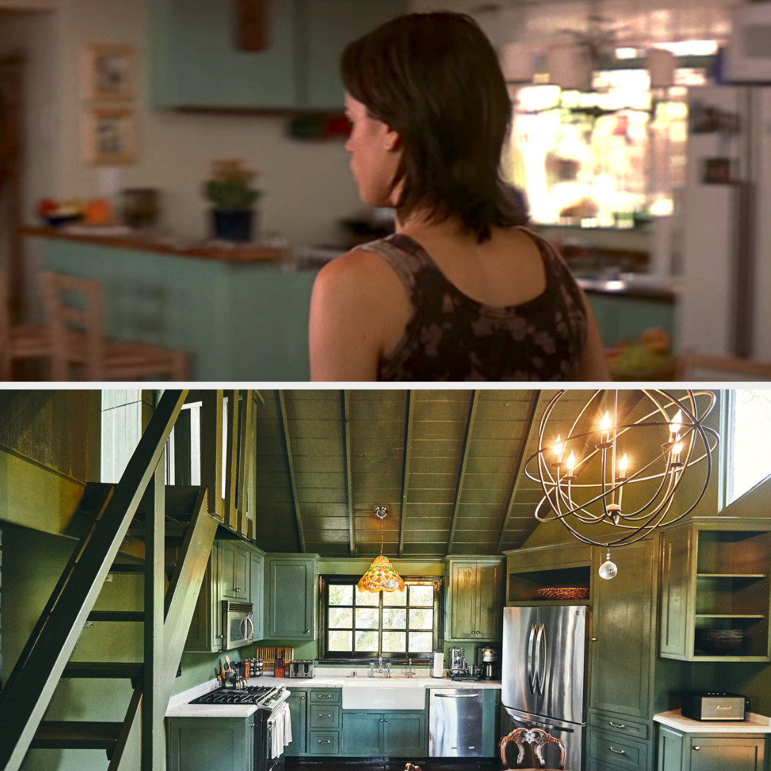 sidney prescott in scream walking through the kitchen with renovated version below