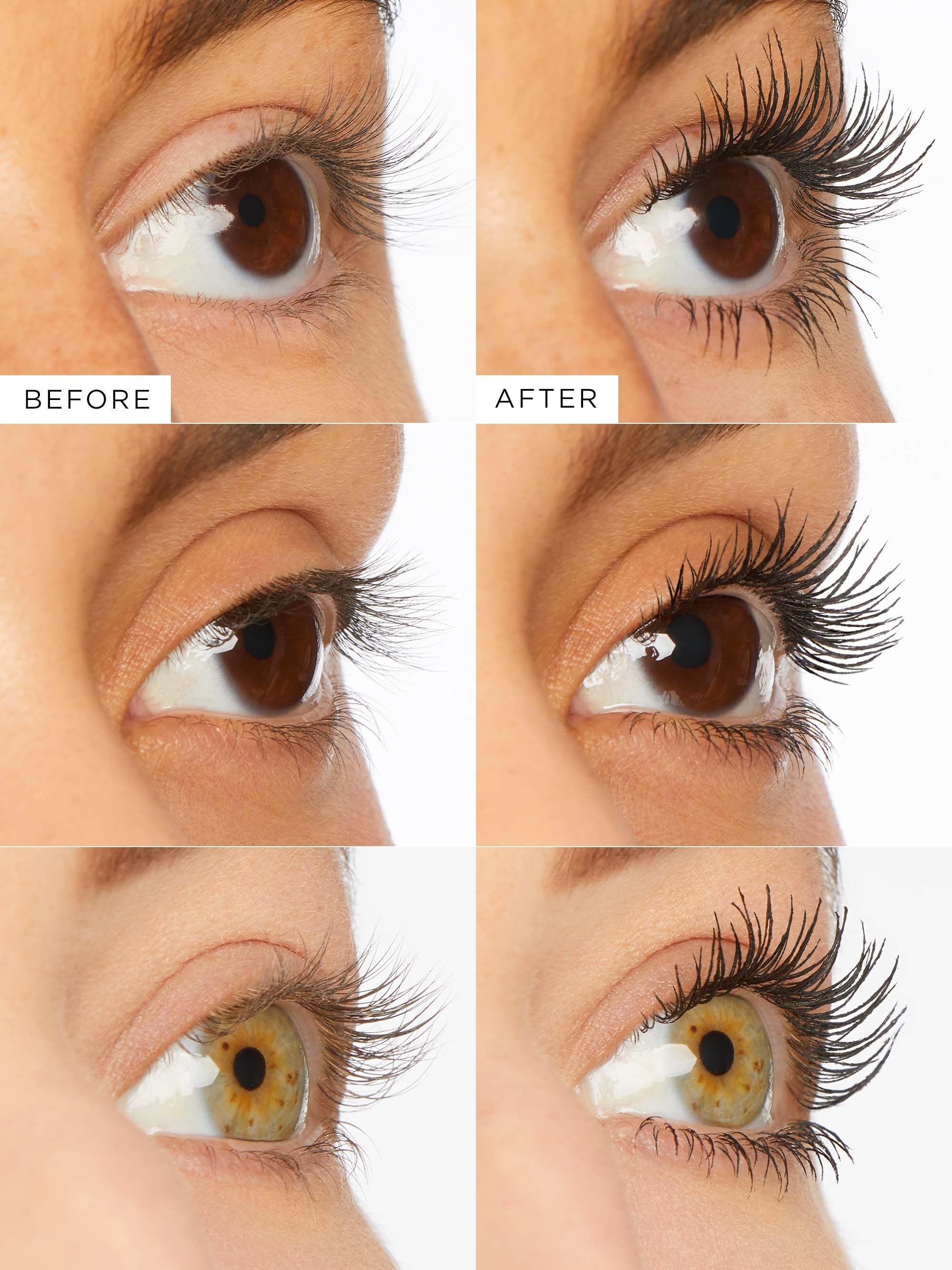 Models showing a before and after of this mascara