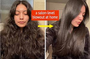 reviewer with wavy, just washed hair / the same reviewer with smooth, blown-out hair