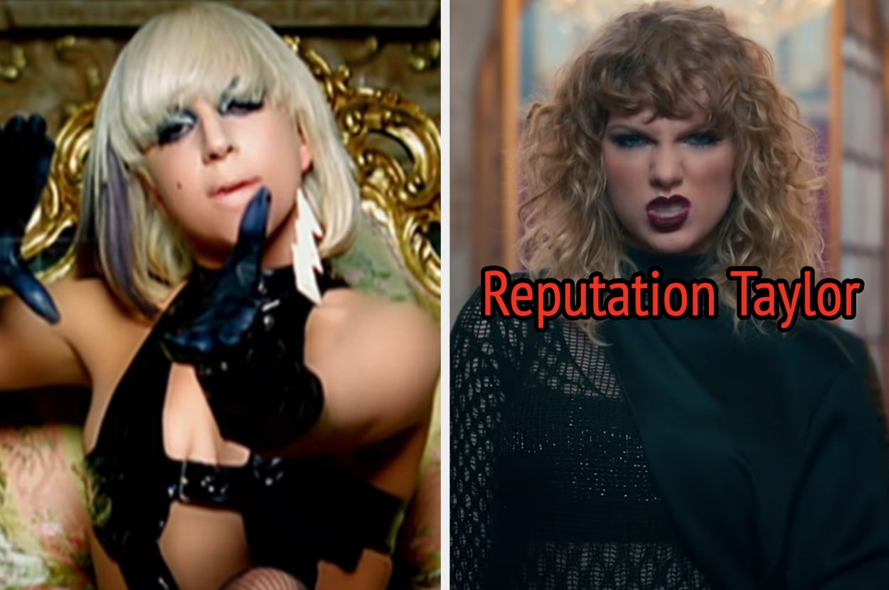 On the left, Lady Gaga in the Paparazzi music video, and on the right, Taylor Swift in the Look What You Made Me Do labeled Reputation Taylor