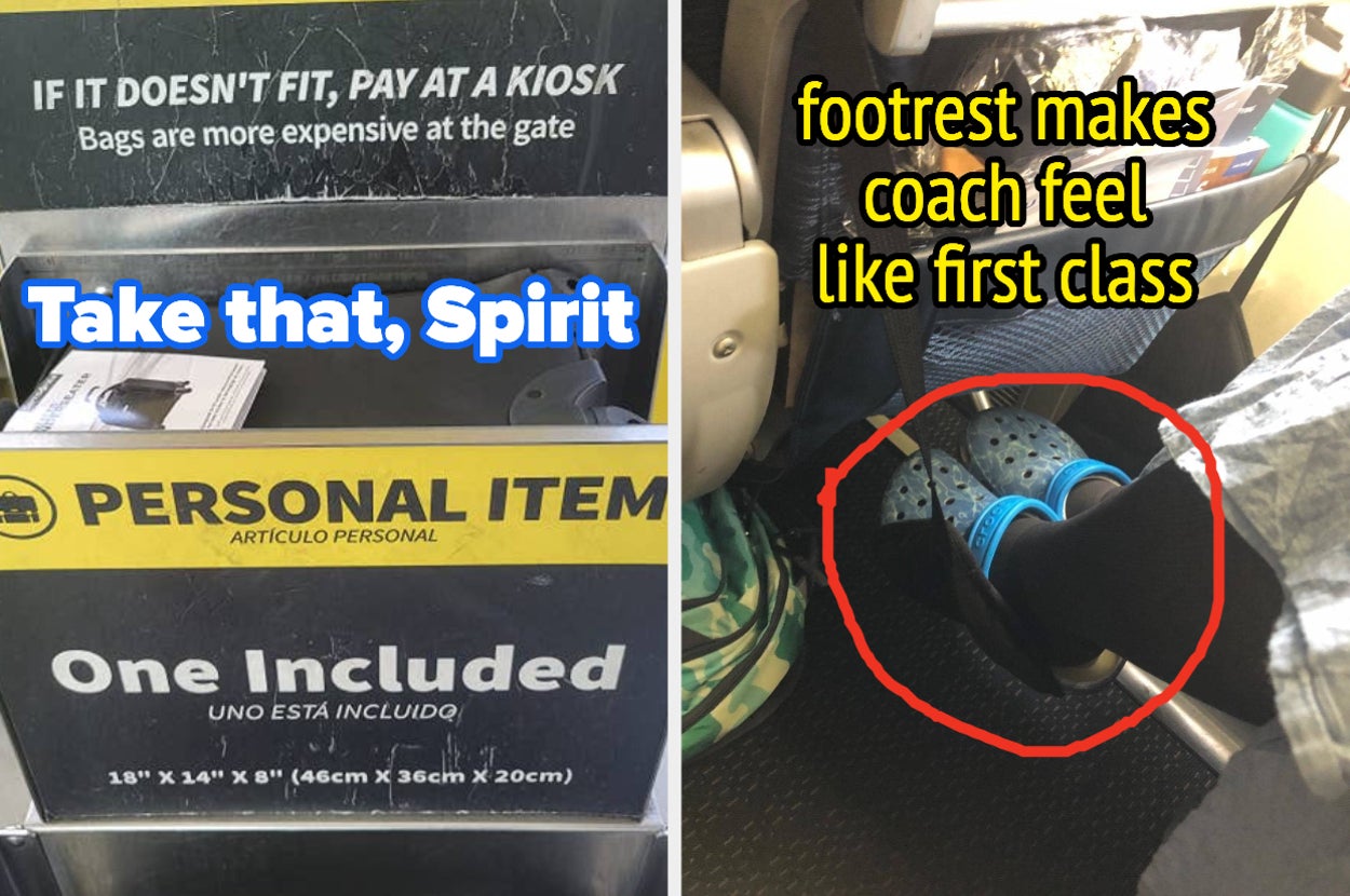 small roller bag that fits in Spirit's tight luggage requirements, person with feet lofted in a footrest that fits onto back of airplane seat