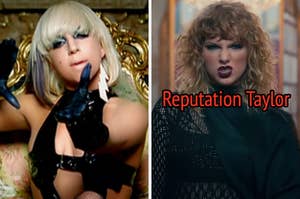 On the left, Lady Gaga in the Paparazzi music video, and on the right, Taylor Swift in the Look What You Made Me Do labeled Reputation Taylor
