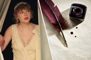 Taylor Swift wears a lace dress and flower crown and a quill pen with ink sits on a piece of paper