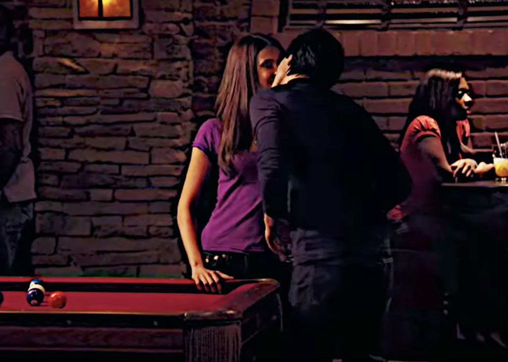elena and damon kissing by a pool table