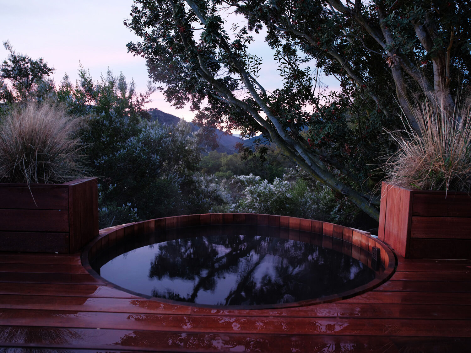 same view as above, but with a cedar soaking tub at the airbnb looking out