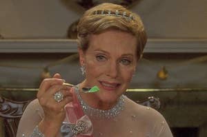 Julie Andrews holding up a spoonful of fruity sorbet as Clarisse in The Princess Diaries