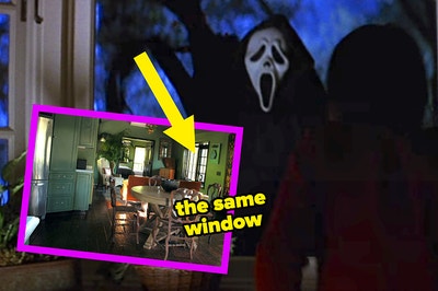 ghostface in a window with an arrow pointing to a window that's the same in a cute house listing