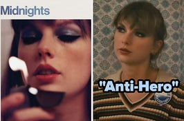 On the left, Taylor Swift's Midnights album cover, and on the right, Taylor Swift in the Anti-Hero music video