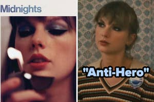 On the left, Taylor Swift's Midnights album cover, and on the right, Taylor Swift in the Anti-Hero music video