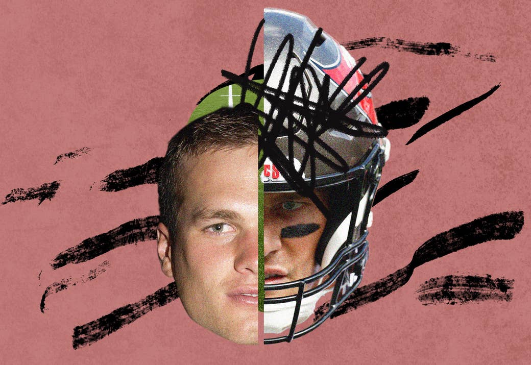 Brady with face split in half and staggered. L half: Brady in 2002, young and clean. R half: Brady in 2022, helmet on and game paint, intense. Under the left half is field turf. there are black markings