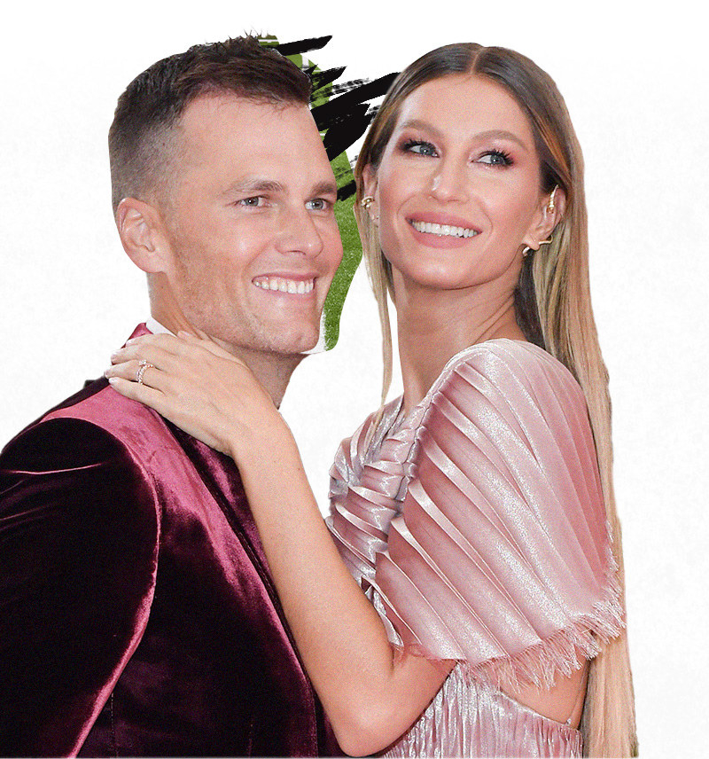 Tom Brady and Gisele Bundchen dressed up. Brady is in a maroon velvet suit and Bundchen is in a pleated pink, silk dress.