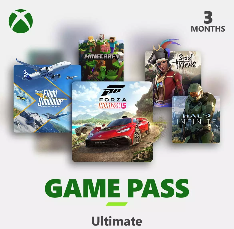an image of five different video game scenes, with the gray Xbox Game Pass card sitting in front of them,