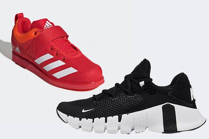 a red adidas shoe and a black nike shoe