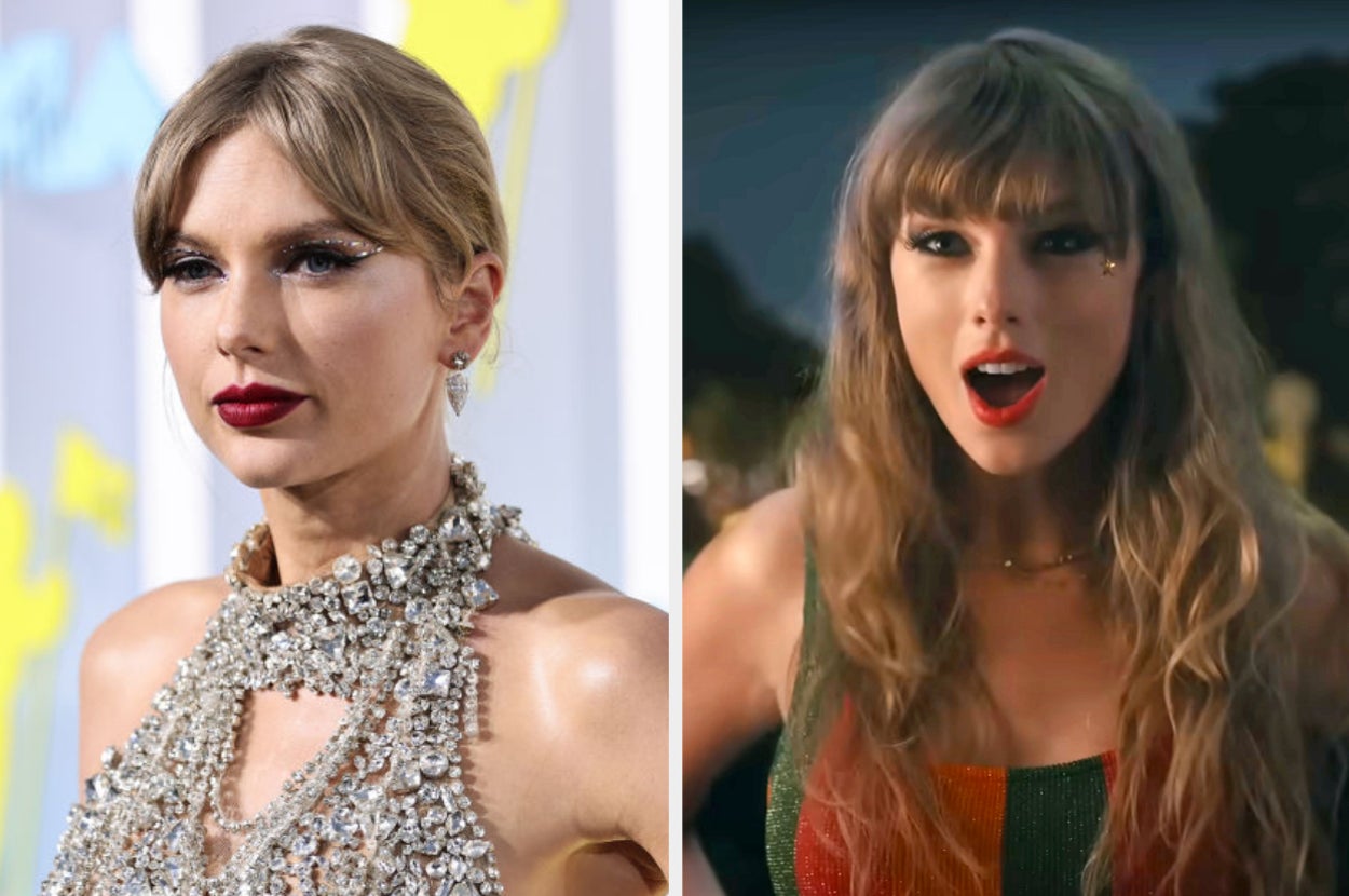 On the left, Taylor Swift at the 2022 VMAs, and on the right, Taylor Swift opening her mouth in the Anti-Hero music video