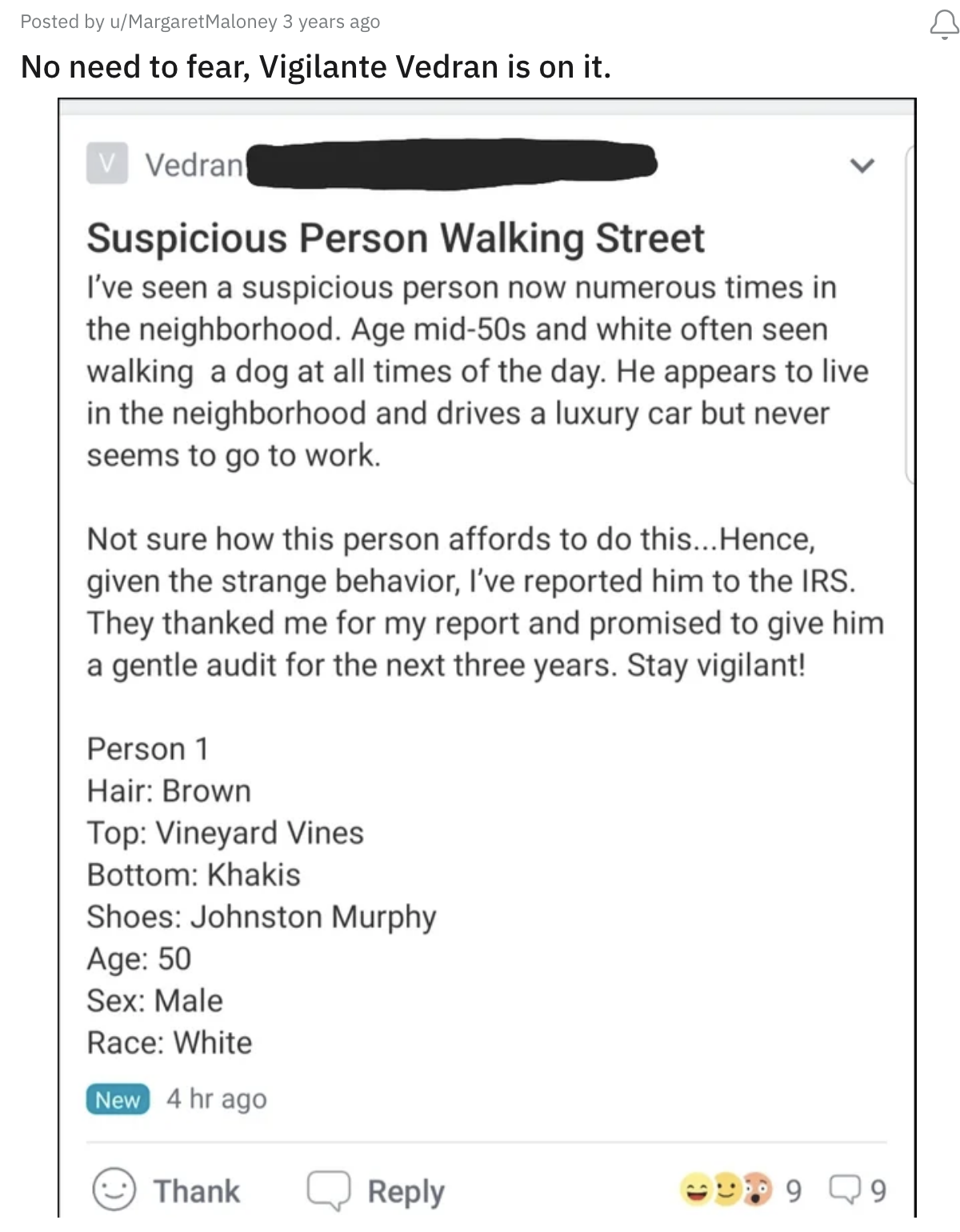 Screenshot of someone reporting a neighbor to the IRS