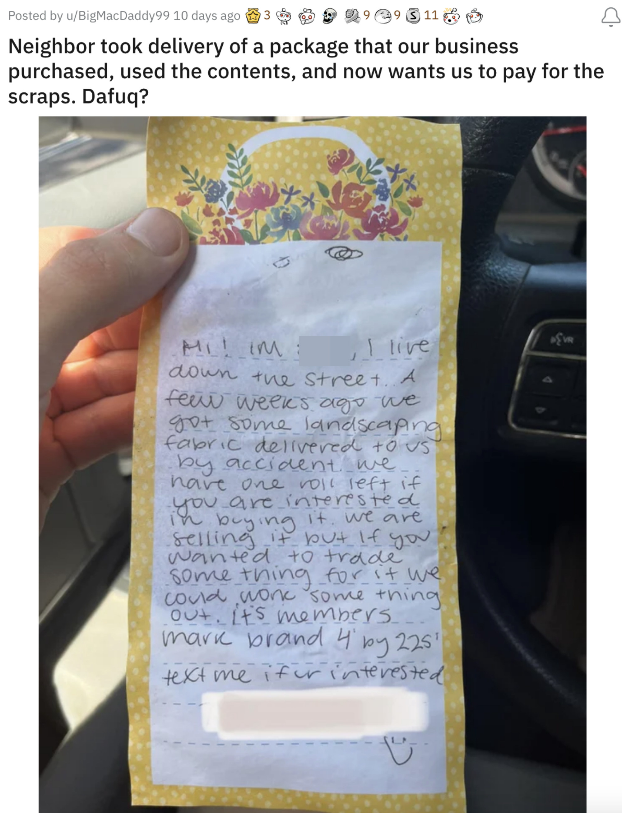 Screenshot of a note from a neighbor