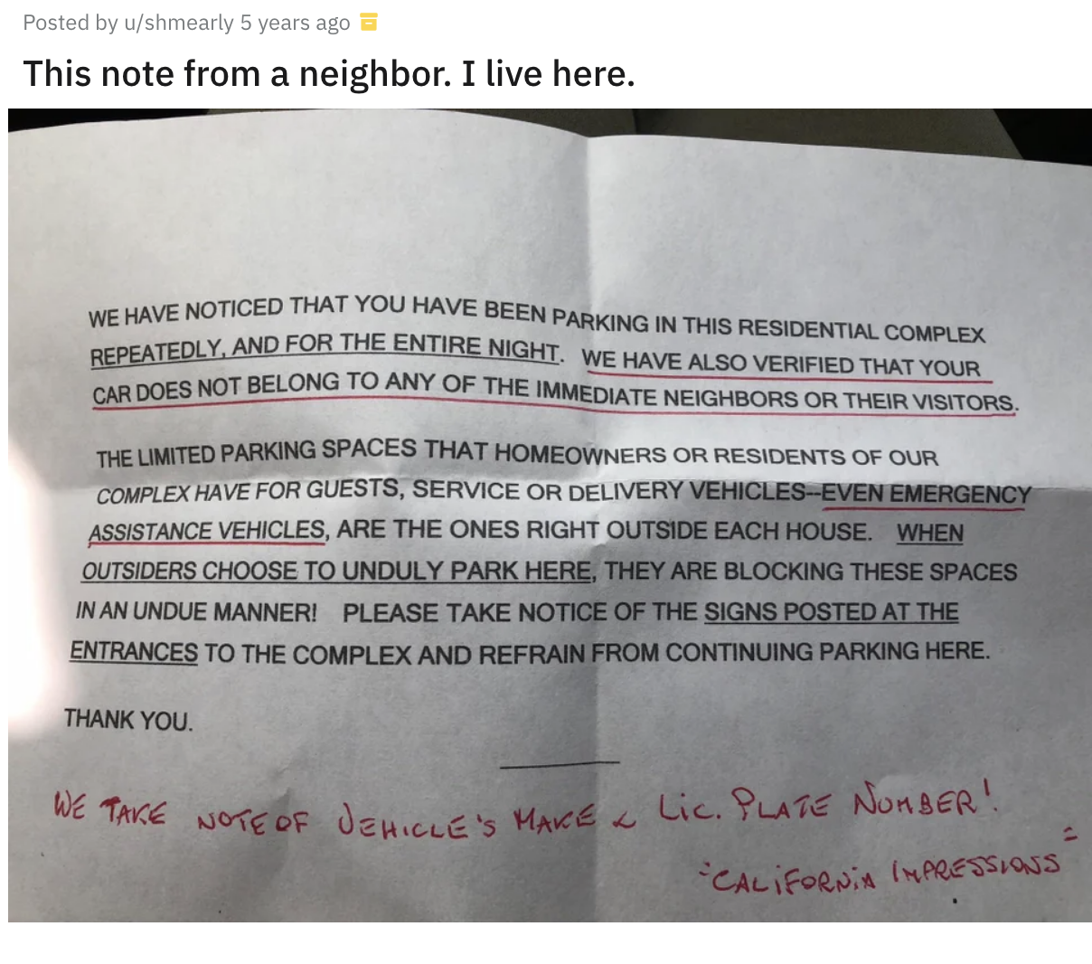 A note from a neighbor inquiring about a car