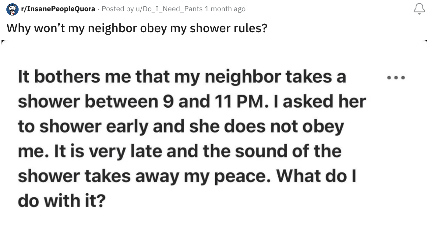 Note from a neighbor asking that a person stop showering late because the sound of the shower takes away their peace.