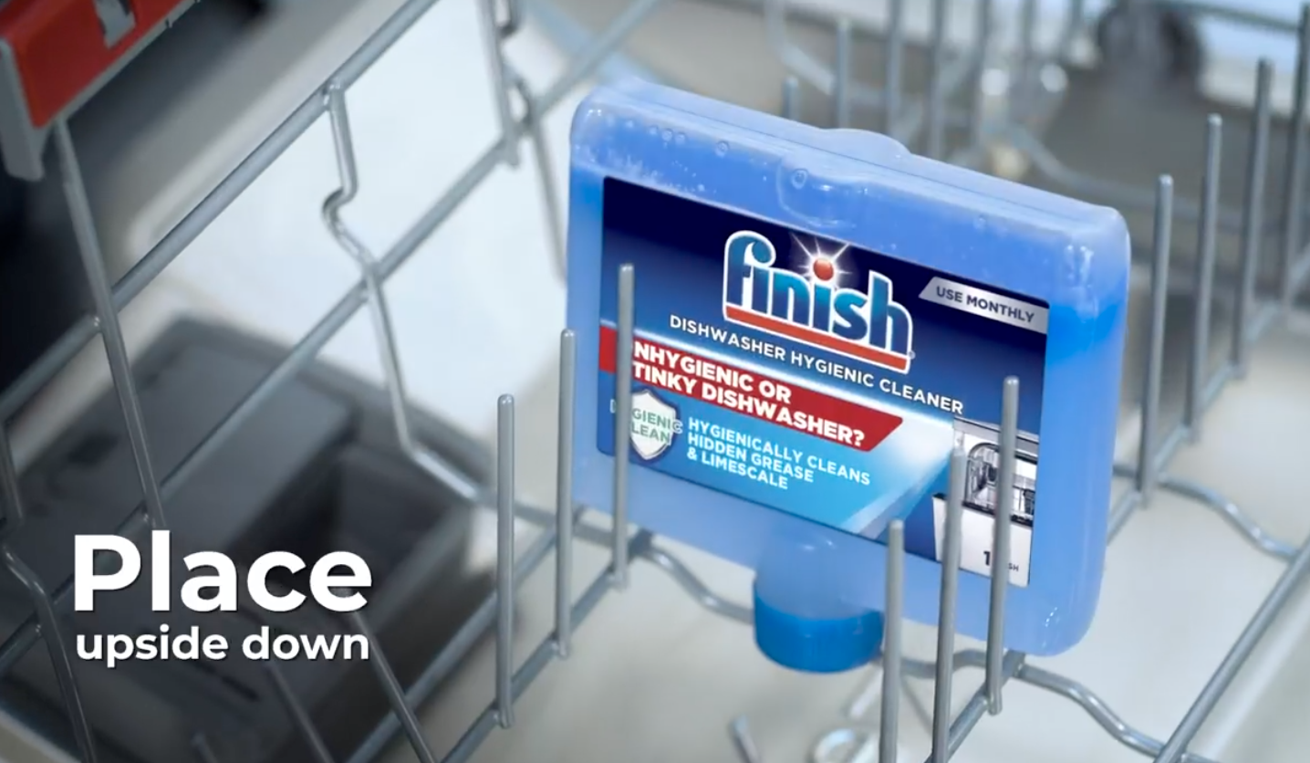 Text: &quot;Place upside down&quot; with a Dishwasher Hygienic Cleaner in a dishwasher
