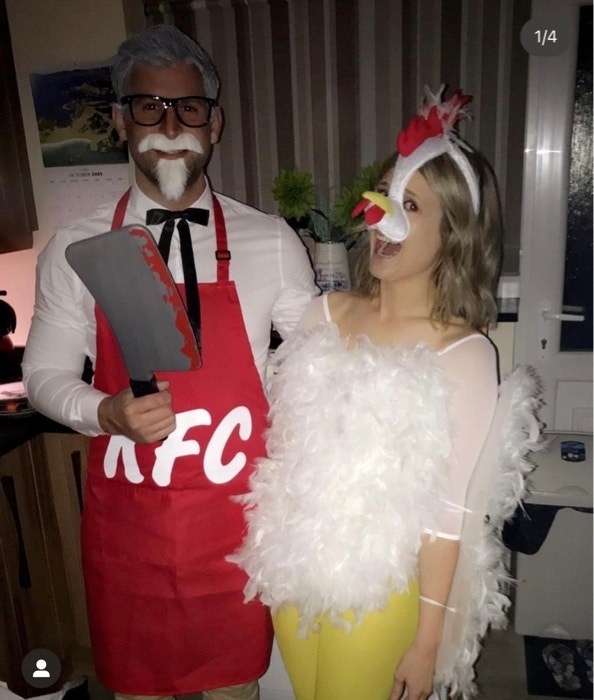 Someone dressed as Colonel Sanders, holding a cleaver, and someone as a chicken