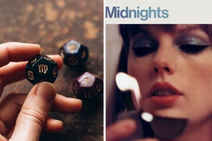 A zodiac wheel is on the left with Taylor Swift on the right