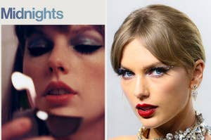 Taylor Swift is labeled, "what are your fav songs?" with "Midnights" album on the right