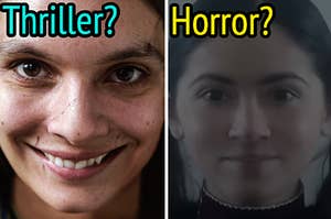 A character is labeled, "thriller?" on the left and "horror?" on the right