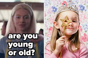 Jules is on the left labeled, "are you young or old?" with a kid dressed as a princess on the right