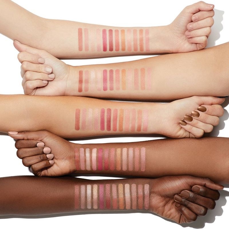 A set of blush swatches on five different skin tones