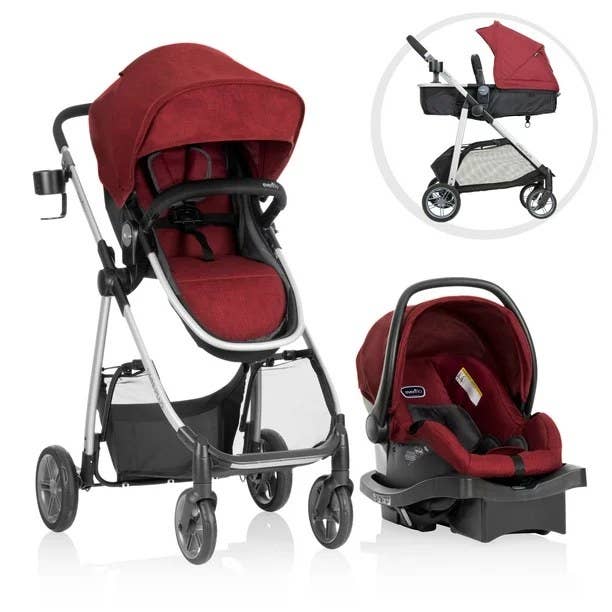 Red and black stroller and car seat