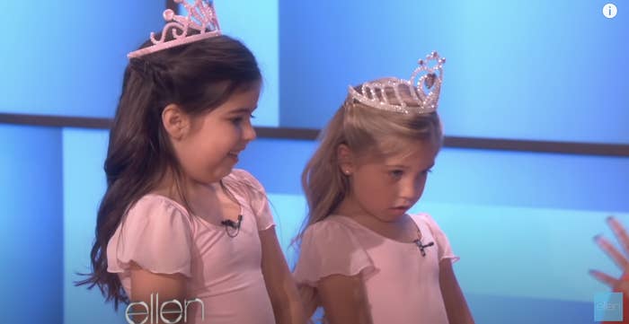 Sophia and Grace on Ellen show wearing crowns