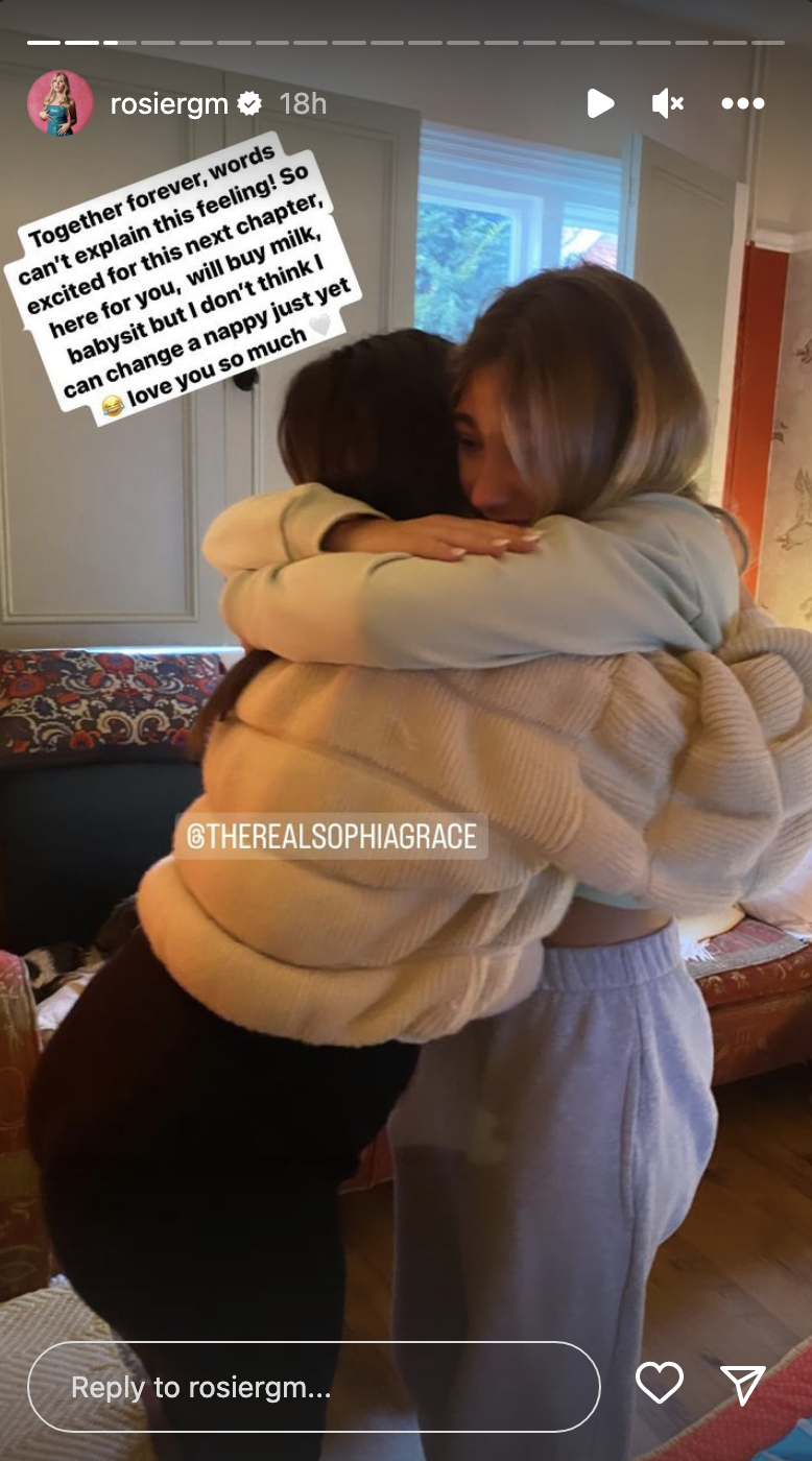 Screenshot of Rosie&#x27;s IG with the message and them hugging
