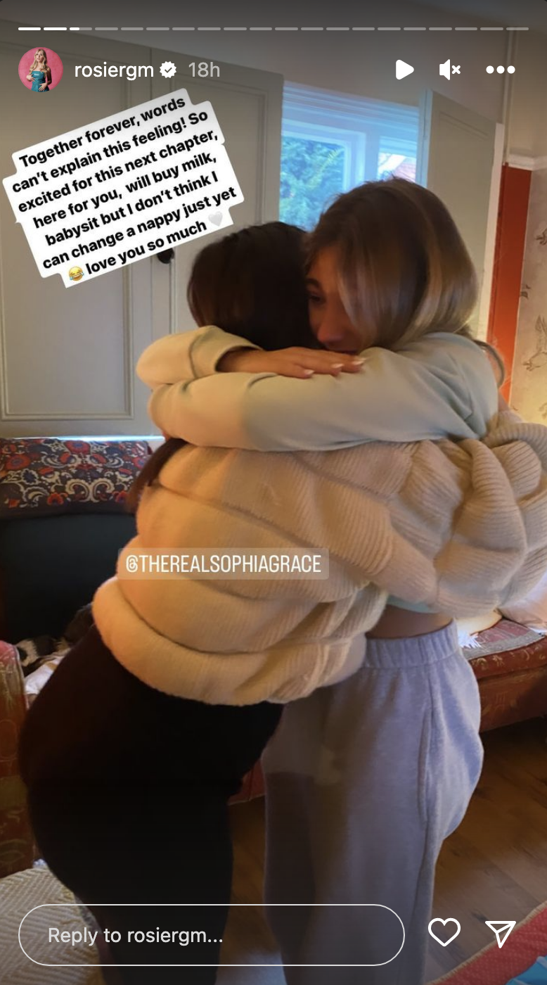 Screenshot of Rosie's IG with the message and them hugging