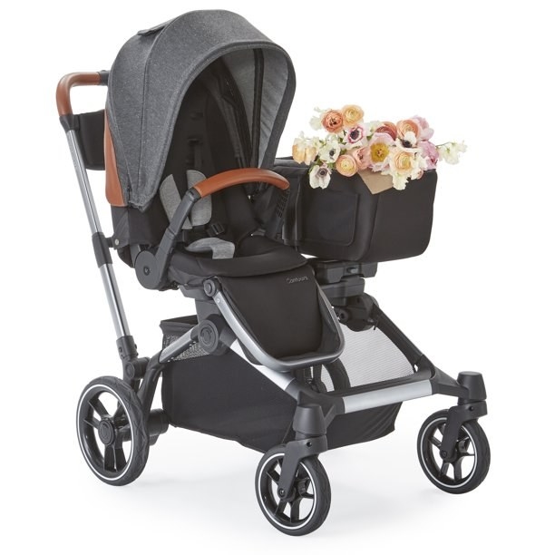 Stroller with side tote filled with flowers