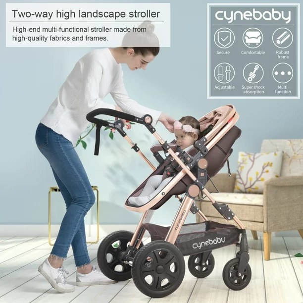 Stroller inside living room with baby inside