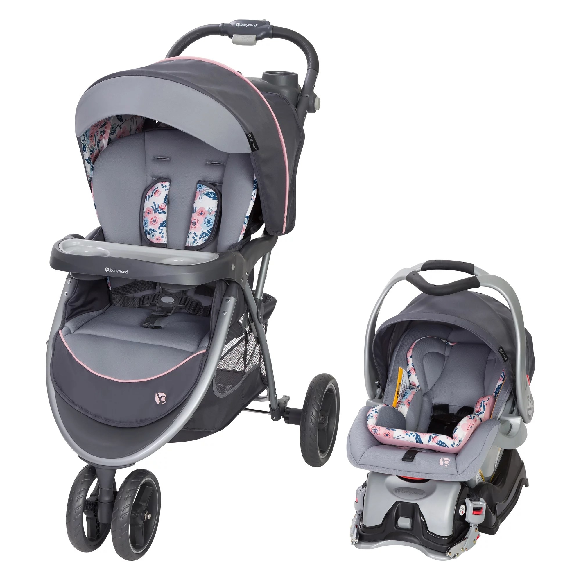 Grey and pink stroller and carseat