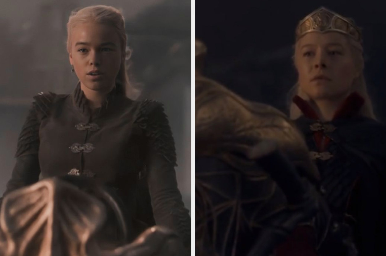 Side by side images of young Rhaenyra and adult Rhaenyra on the back of Syrax at Dragonstone
