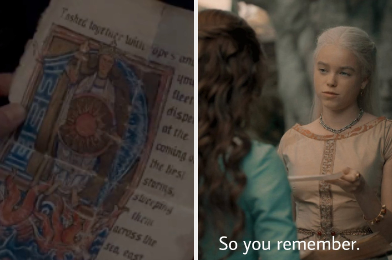 Close-up of the torn out book page next to Rhaenyra handing it to Alicent with the closed caption &quot;So you remember&quot;