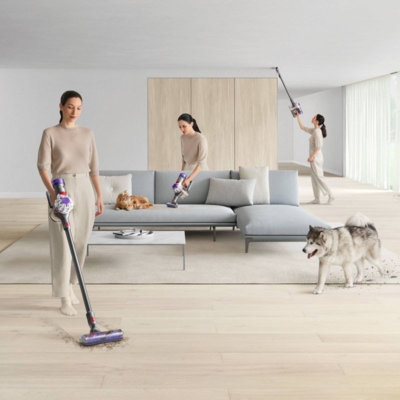 A woman cleaning three parts of the home with the cordless vacuum