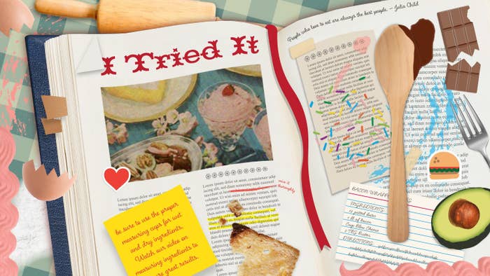 An illustration of a cookbook opened to a page that says "I Tried It" and shares various recipes