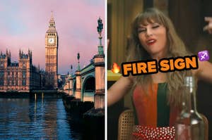 On the left, Big Ben at sunset, and on the right, Taylor Swift in the Anti-Hero music video labeled fire sign