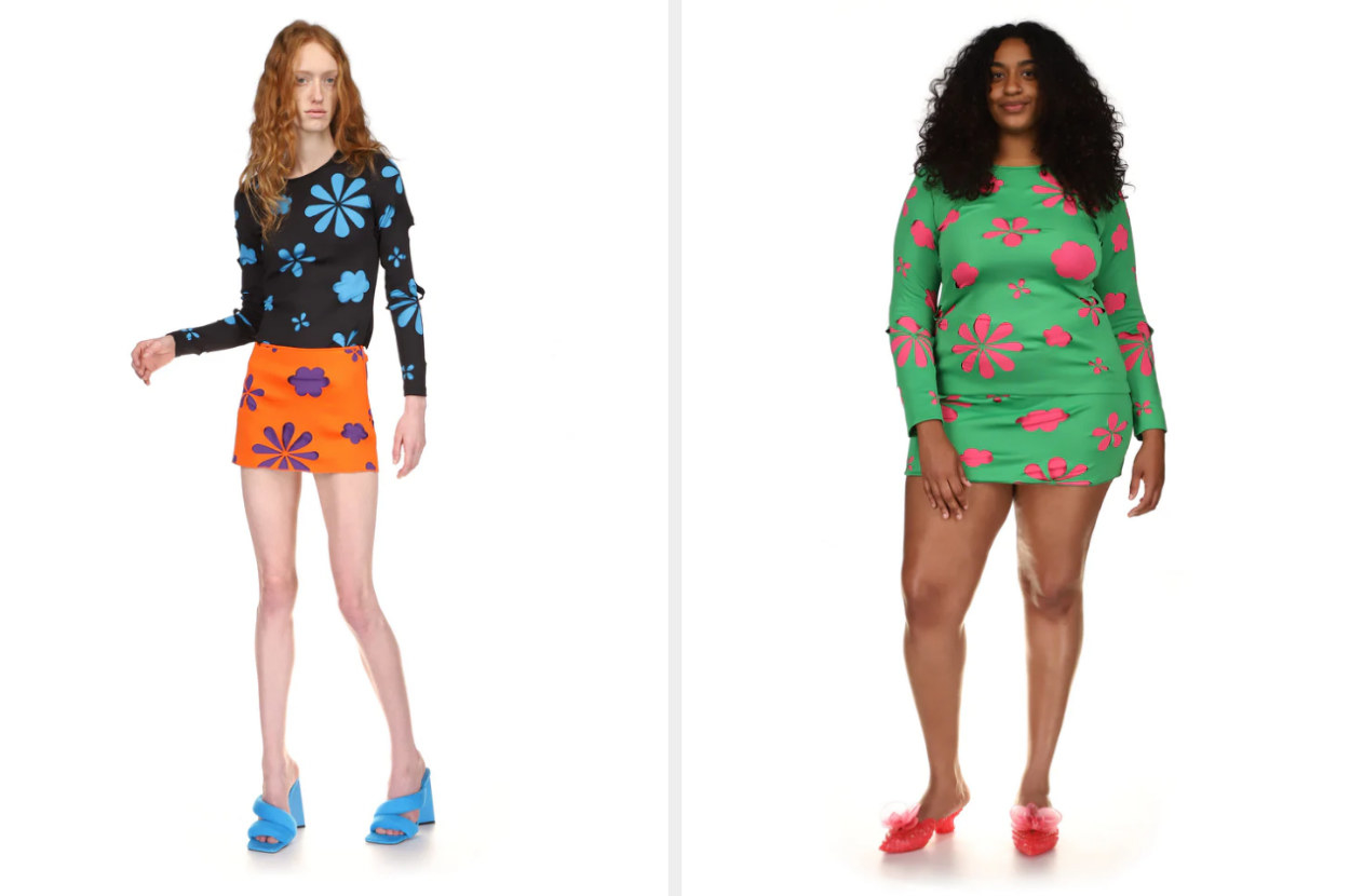 Two Tyler McGillivary models pose in colorful floral cutout outfits