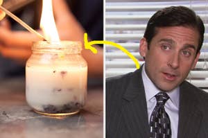 A hand uses a match to light a candle and Michael Scott wears a striped blazer